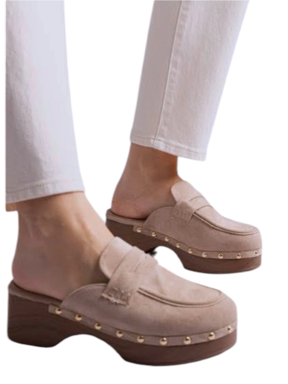Beige Suede Studded Platform Penny Loafers Clogs Mules 8.5